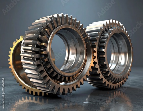 Three gears interlocked.  Metallic, industrial