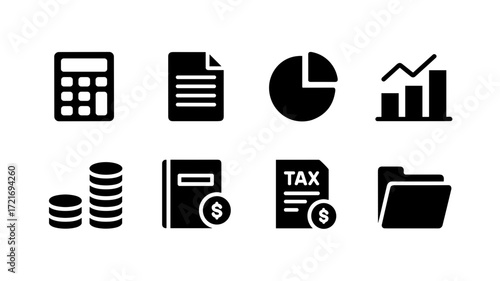 A collection of vector icons representing financial and accounting concepts, including calculations, documentation, data analysis, growth, currency, accounting, taxation, and record keeping.