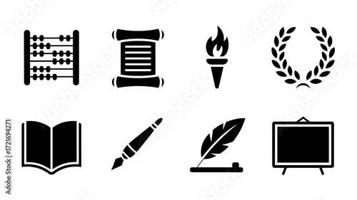 A collection of symbolic vector icons representing knowledge and educational achievement. Includes an abacus, scroll, torch, laurel wreath, book, pen, quill, and board.