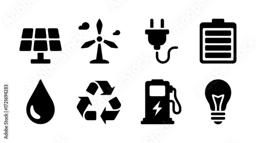 Vector icon set of energy sources and environmental concepts: solar energy, wind energy, electricity, battery storage, water conservation, recycling, fueling and electricity.