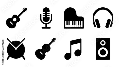 A collection of musical vector icons, including a guitar microphone, piano, headphones, drums, violin, musical note, and speaker.