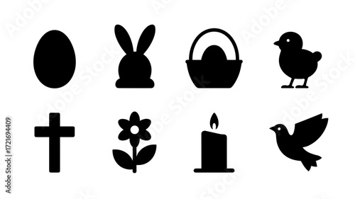 A collection of vector icons, including an Easter egg, a bunny basket, a chick, a cross, a flower, a candle, and a dove.