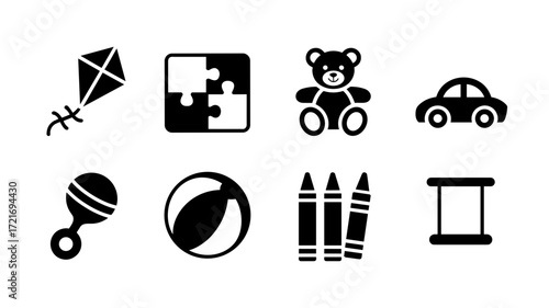 A collection of vector childhood icons, including a kite, puzzle pieces, a teddy bear, a toy car, a rattle ball, crayons, and blocks, represent the joys of play and early development.