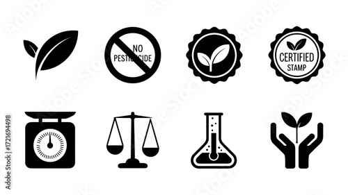 Collection of vector icons representing natural processes and certification. Symbols for scales, organic, certified, and pesticide-free products, balancing laboratory testing and nutritional growth.