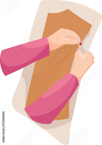 Hands pinning a needle onto a pattern. Vector illustration of sewing. Pattern, fabric, needle, and seamstress's hands.
