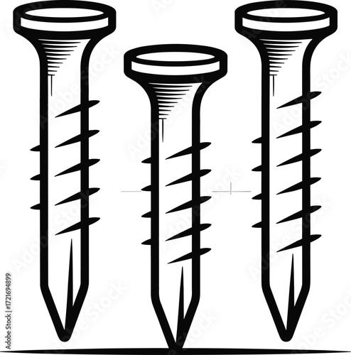 Three black and white line art screws on a white background fasteners hardware