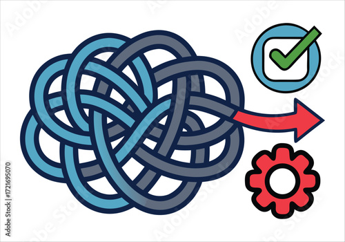 Complex knot symbolizing process optimization with checkmark and gear icons