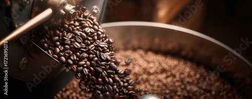 The Roasted Coffee Beans Pouring from an Industrial Metal Grinder