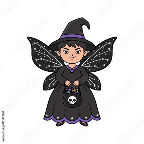 Cute Halloween witch with fairy wings holding a candy bucket and wearing a pointy hat
