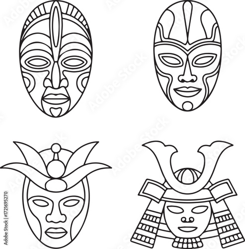 Four stylized masks tribal samurai and ceremonial designs black outline on white vector