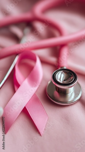 A pink ribbon representing breast cancer awareness lies on a soft fabric next to a stethoscope, symbolizing hope, health, and support for those affected by the disease.