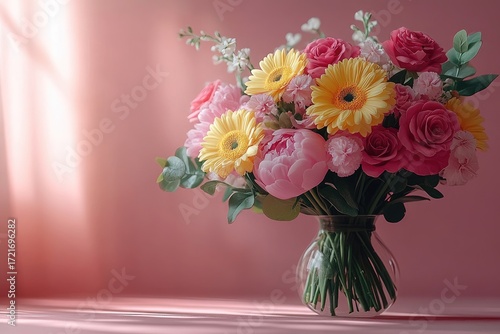Wallpaper Mural Lovely bouquet with roses, gerberas, carnations in glass vase, pink background. Use for mother's day, valentine's day, birthday, wedding, or anniversary. Torontodigital.ca