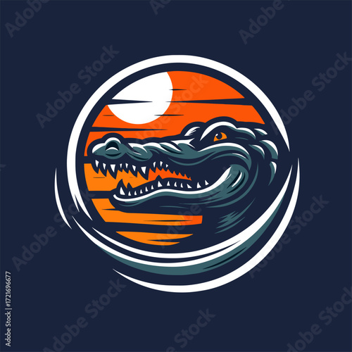 Design featuring alligator head silhouette in sunset circle, suitable for outdoor adventure, nature conservation, or wildliferelated businesses