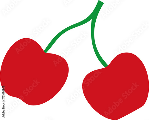 Two bright red cherries on a green stem isolated on white background