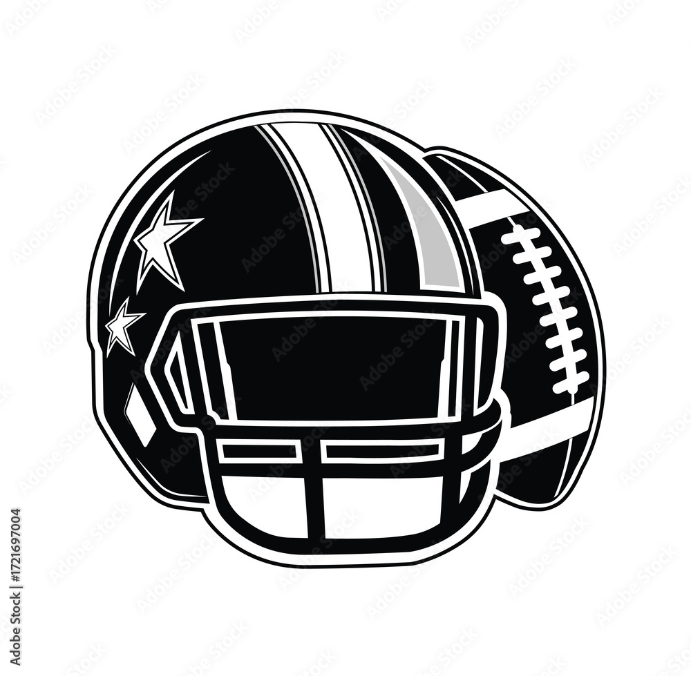 Fototapeta premium Black and white vector illustration of american football helmet with ball and stars. Vector illustration.