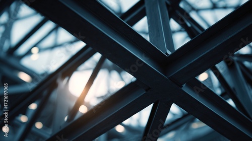 girders. Steel frame structure under construction with ambient lighting and minimal background, real-estate listings.
