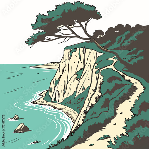 A winding coastal path leads along a dramatic cliff overlooking the turquoise ocean with waves and rocks