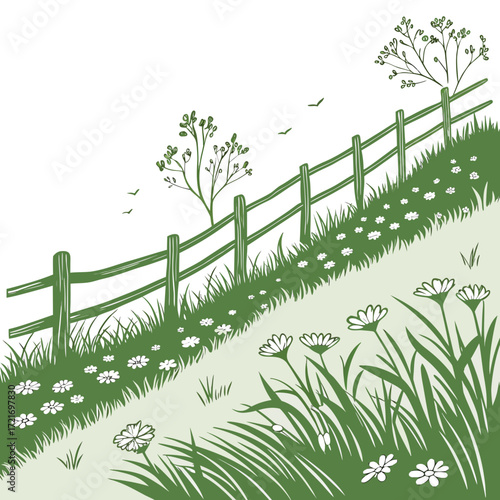 Green hillside with wooden fence and wildflowers under a white sky with flying birds