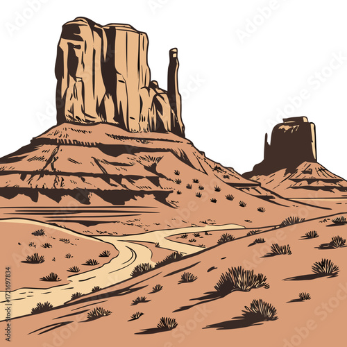 Iconic monument valley landscape with towering sandstone buttes and a winding desert road under a clear sky