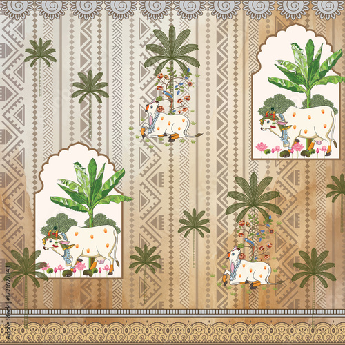 Wallpaper Mural pichwai cow with abstract background with banana tree Torontodigital.ca