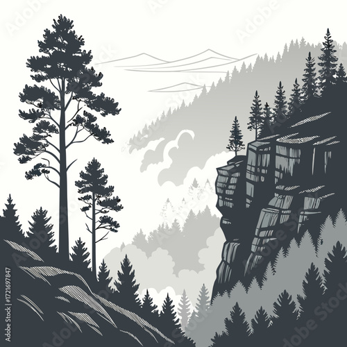 Dramatic mountain landscape with silhouetted pine trees and rocky cliffs under a hazy sky