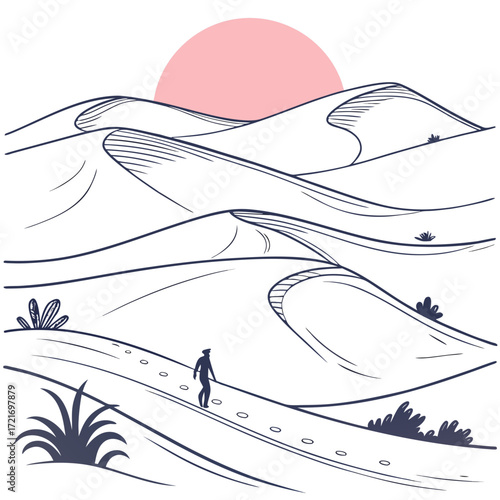 Lone traveler walks a winding path through rolling desert dunes under a soft pink sun