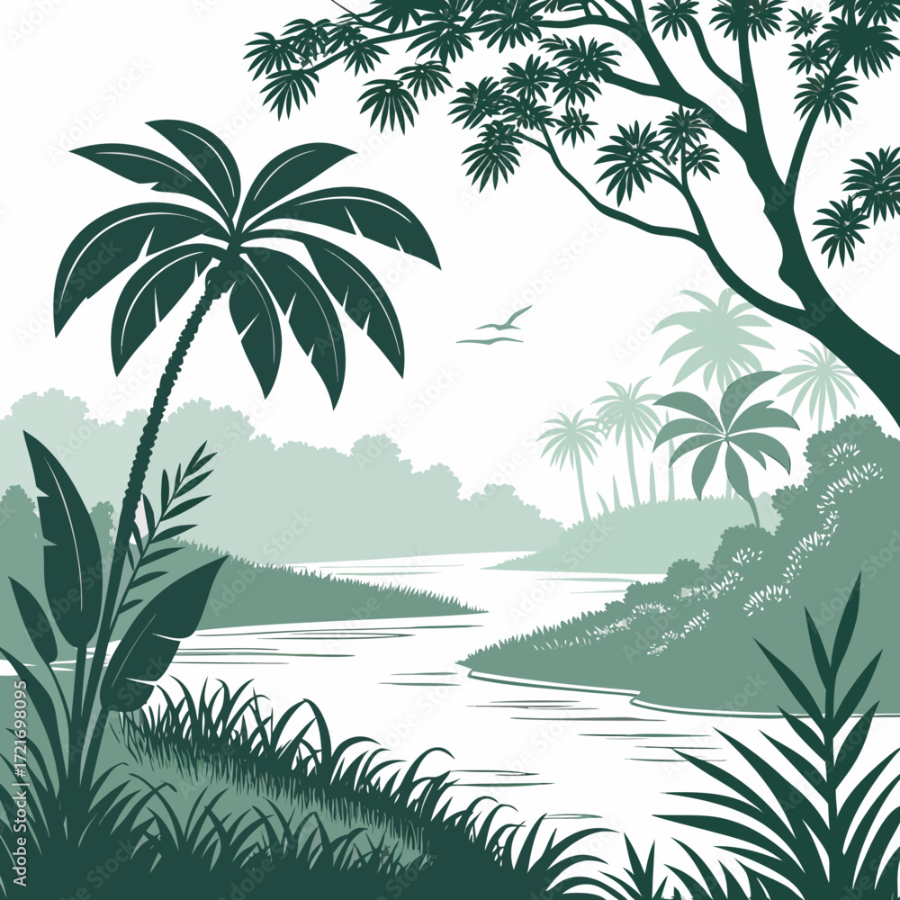 Fototapeta premium Serene tropical jungle landscape with a winding river and lush palm trees under a bright sky