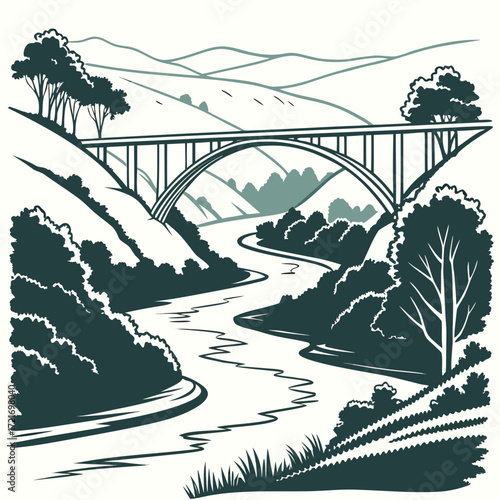 Serene landscape featuring a majestic arch bridge spanning a winding river through rolling hills