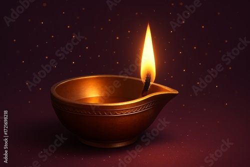 Golden diya lamp with glowing flame on dark festive background, symbolizing light, hope, and spiritual celebration.