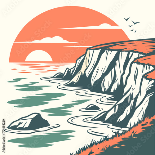 Stylized coastal landscape with dramatic cliffs meeting the ocean under a large sunset sky
