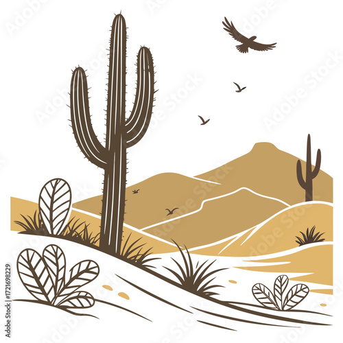 Stylized desert landscape with saguaro cacti rolling hills and soaring birds against a white background