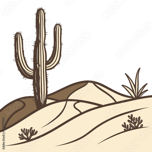 Stylized desert landscape with a prominent saguaro cactus and rolling sand dunes under a white sky