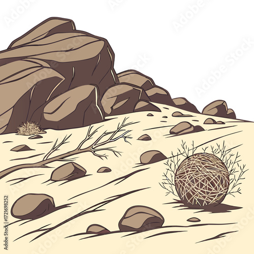 Stylized desert landscape with tumbleweed rocks and dry branches against a white background