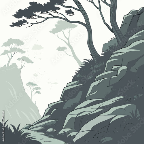 Stylized illustration of a misty mountain landscape with rugged rocks and silhouetted trees reaching towards the sky