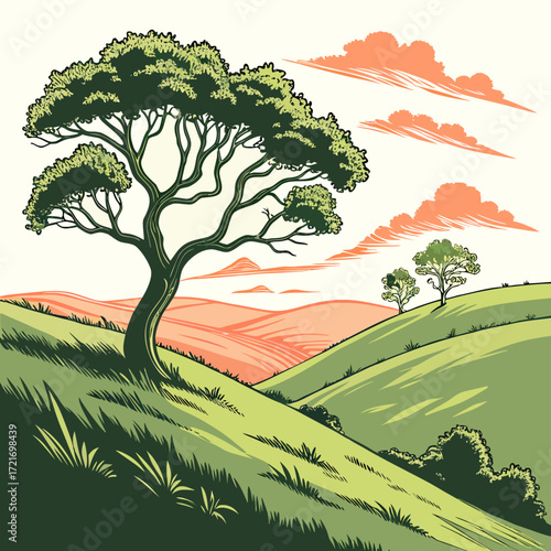 Stylized illustration of a lone tree on a grassy hill with rolling hills and orange clouds in the background