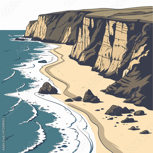 Stylized illustration of a rugged coastal landscape with dramatic cliffs meeting a sandy beach and turquoise ocean waves