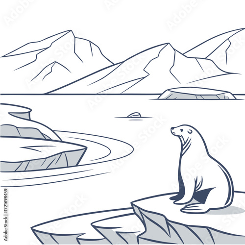 Stylized illustration of a seal sitting on an ice floe with mountains and water in the background