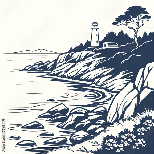 Stylized illustration of a solitary lighthouse standing tall on a rocky coastal cliff overlooking the sea