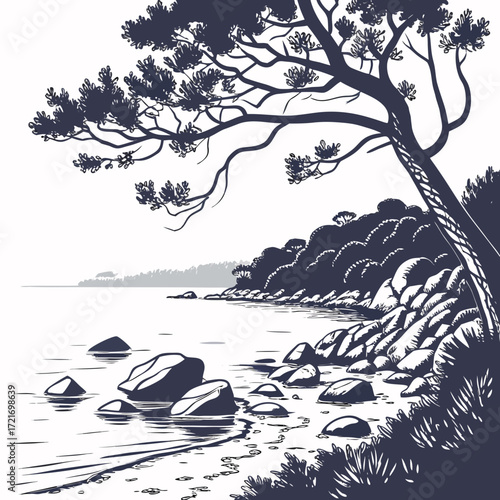 Stylized ink drawing of a serene rocky coastline with a large pine tree overlooking the calm water