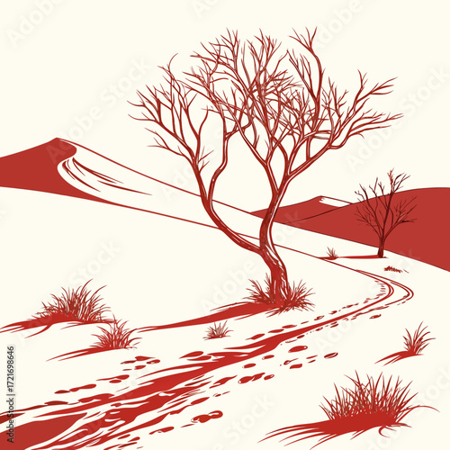 Stylized red ink drawing of a lone barren tree on a sand dune with footprints leading away