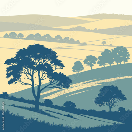 Stylized rolling hills and trees in muted blue and yellow tones with a vintage illustration feel