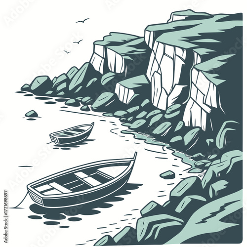 Two rowboats are moored near a rocky coastline with cliffs and seagulls flying overhead