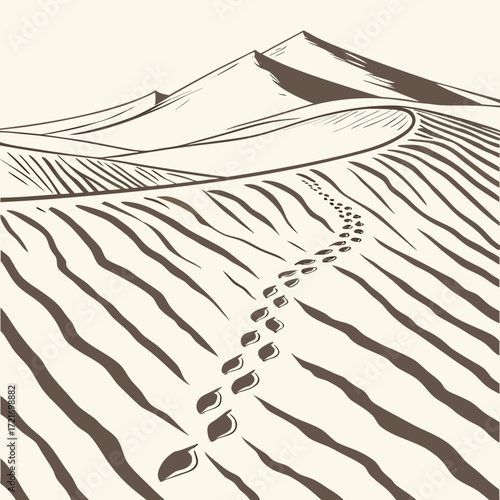 Footprints trail across undulating sand dunes in a minimalist desert landscape under a clear sky
