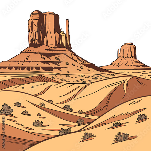 Iconic desert landscape with towering sandstone mesas and rolling sand dunes under a bright sky