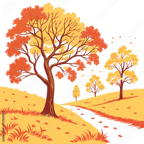 Stylized autumn landscape with colorful trees rolling hills and a winding path with fallen leaves