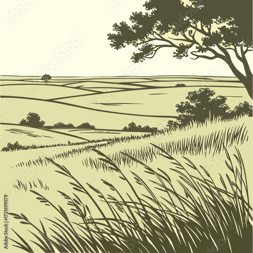 Stylized illustration of a vast rolling landscape with a large tree in the foreground and fields stretching to the horizon