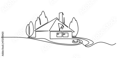 Single continuous line drawing green eco modest house at village. Continuous one line drawing art. Home building construction isolated minimalism concept. Editable outline