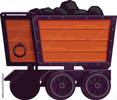A cartoon mine cart filled with coal on a white background