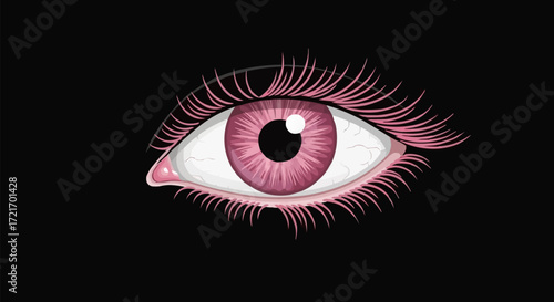 Striking pink eye with lush lashes and a dark backdrop, perfect for beauty ads or graphic design, adding a pop of color and drama to your creative projects