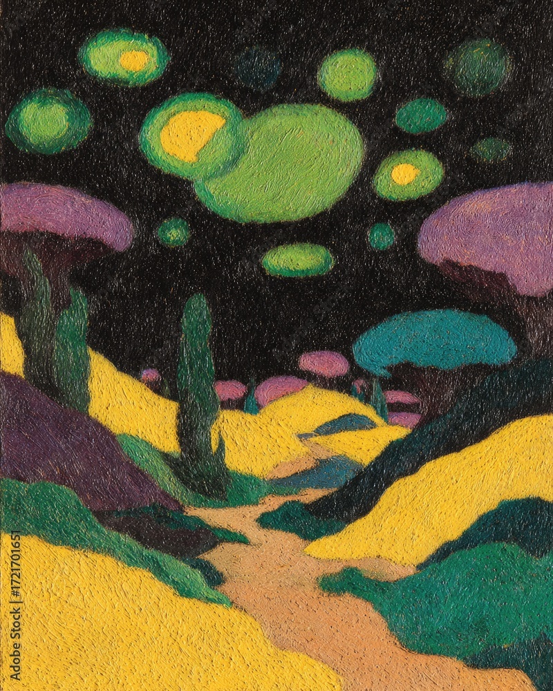 Obraz premium A stylized nocturnal landscape painting showcasing vibrant, luminous orbs against a dark backdrop, with textured hills and foliage.